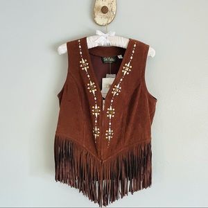 Bob Mackie fringed faux suede zip-up vest, stud embellished wearable art garment